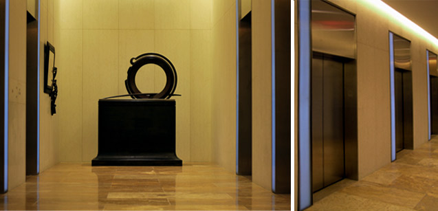 Colored LED Panel Backlit Glass Elevator Call Lanterns at 1828 L Street Main Lobby
