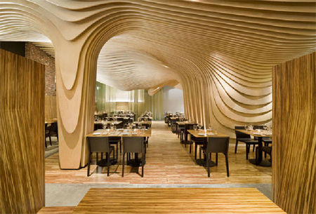 Banq Restaurant Boston Flexible Sweeping Wood Ceiling Plane Design