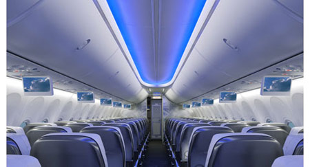 Boeing Sky Interior Center Aisle View of Lighting Design