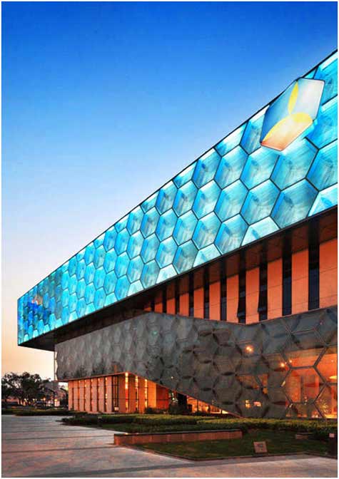 COFCO Tianjin Showroom Facade Exterior with Hexagonal Motif Pattern