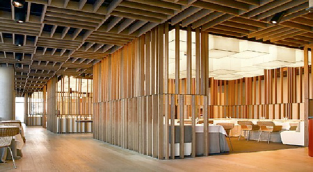 Geometric Wood Material Restaurant Interior Design Walls and Ceiling