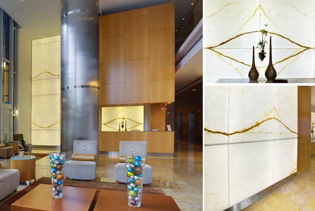 Backlighted White Onyx Feature Wall Reception Lobby at Signature Place