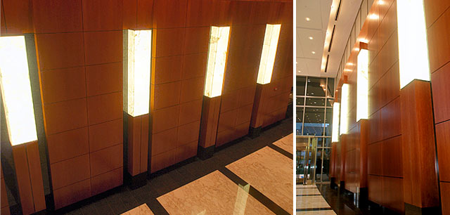 Office Lobby Backlit White Onyx Wall Sconce Fixtures at Park Place